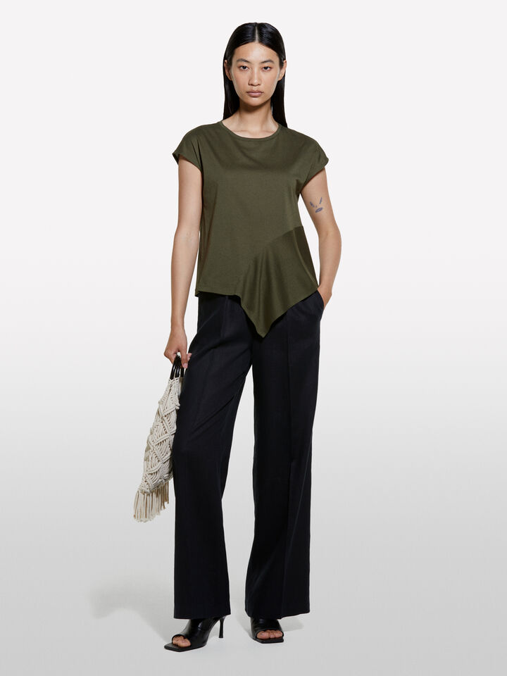 T-shirt with asymmetric flounce - women's short sleeve t-shirts - Military Green | Sisley image number 1